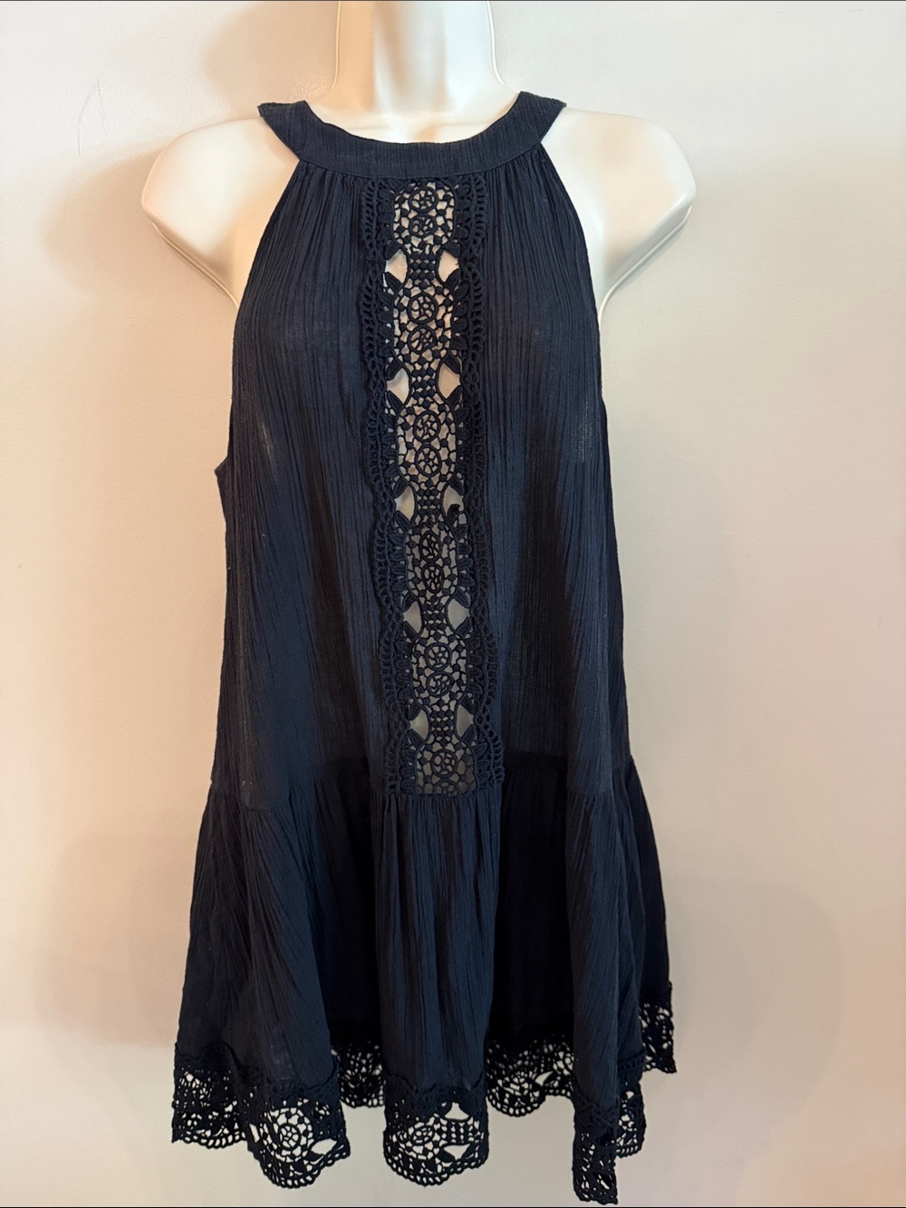 La Blanca Black Crochet-Trim Boho Mini Dress - Swimsuit cover-up Medium